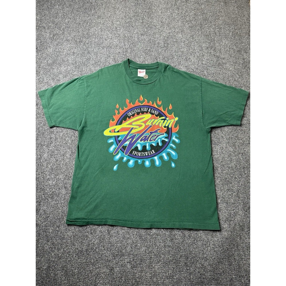 Mens Surf N Water Flame Graphic Black T Shirt 1990s‎ Single Stitch, Size 2XL